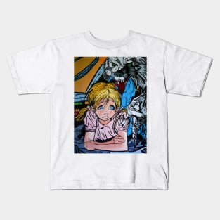 Young blonde girl with big wolf in a space ship Kids T-Shirt